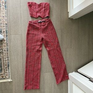 Zara Red Tweed Women Pants & Crop Top Set
